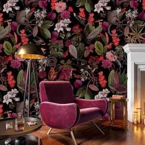 Dark Botanic Wallpaper: Pink Forest Design with Cheetah,Monkey and snakes Leaves and pink orange flowers, self adhesive,removable,wall mural 画像 7