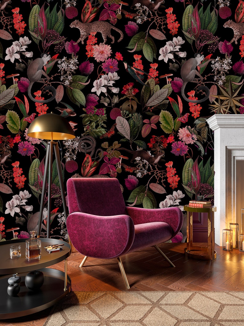 Dark Botanic Wallpaper: Pink Forest Design with Cheetah,Monkey and snakes Leaves and pink orange flowers, self adhesive,removable,wall mural 画像 7