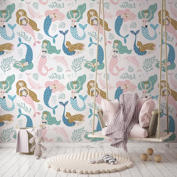 Mermaid Nursery Wallpaper: Colorful Peel and Stick Vinyl Wall Decor