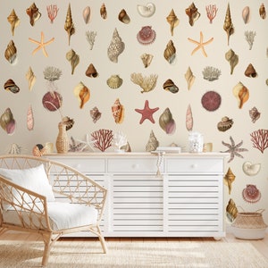 Vintage Seashell Wallpaper: Coastal Beach House Decor, Peel and Stick Wall Mural