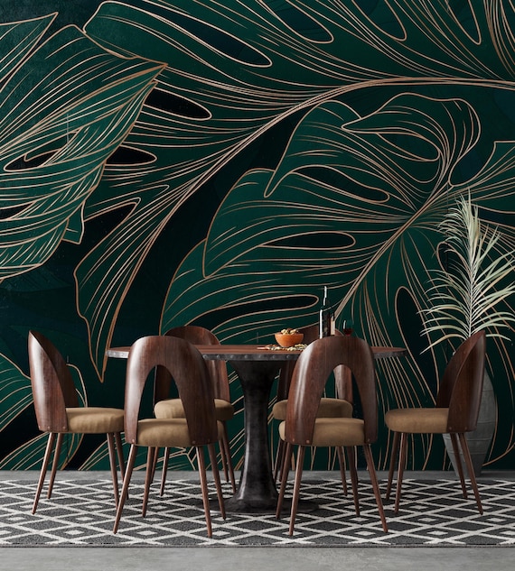 Art Deco Monstera Leaf Wallpaper: Modern Jungle Peel & Stick Vinyl
