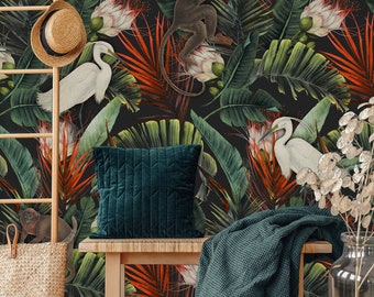 Tropical Wildlife and Floral Wall Decal - Monkeys, Heron Birds, and Lush Leaves - Vinyl or Adhesive Paper - Easy Installation,removable