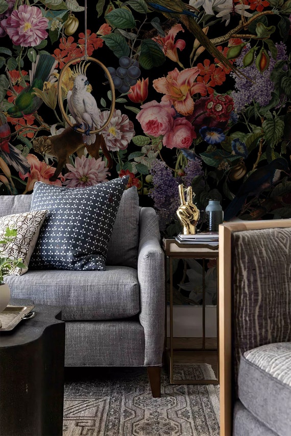 Dark Floral Wallpaper: Moonlit Garden, Vintage Botanical Art (Peel and Stick, Vinyl Option)