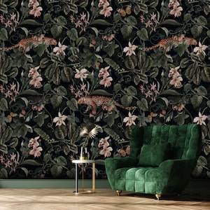 Geparden Wildtiere Botanischer Garten Tapete - Rosa Blumen Schälen und Aufkleben Wandbild, Vinyl Alternative, selbstklebend, Entfernbares Wanddekor