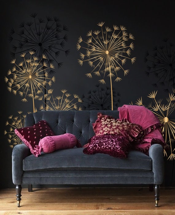 Art Deco Gold Dandelion Flower Wall Mural: Black & Gold Peel and Stick
