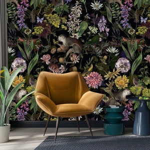 Carta da parati Exotic Black Botanical Monkey: murale rimovibile, staccabile e attaccabile, carta da parati in vinile