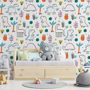 Papel tapiz de dinosaurios de dibujos animados para guardería • Bonita jungla • Despegar y pegar • Mural de pared imagen 3