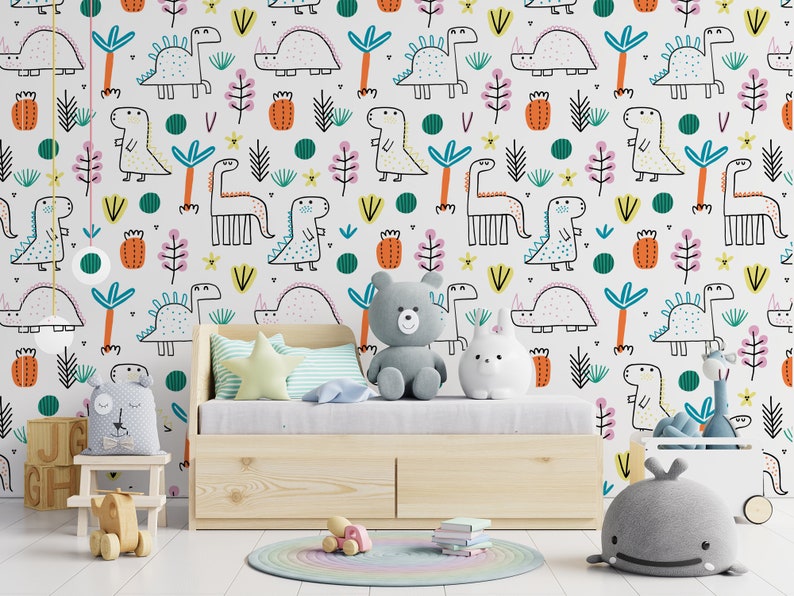 Papel tapiz de dinosaurios de dibujos animados para guardería • Bonita jungla • Despegar y pegar • Mural de pared imagen 3
