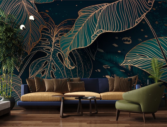 Art Deco Monstera Leaf Wallpaper: Peel and Stick Vinyl Wall Mural