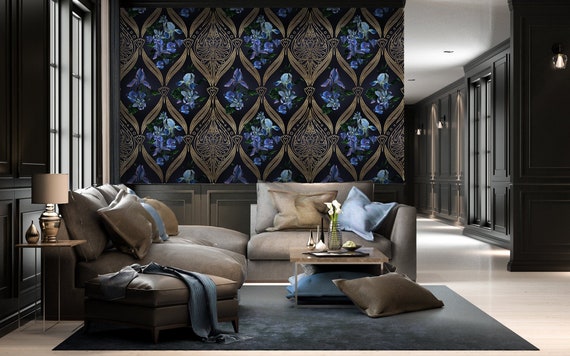 Black and Gold Floral Wallpaper: Art Deco Purple Flowers (Peel and Stick)