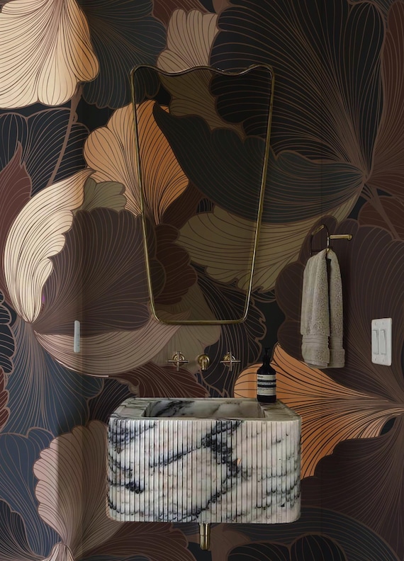 Abstract Earthy Leaf Art Wallpaper – Deep Charcoal, Blue & Warm Brown | Modern Classic Vinyl,Peel and Stick