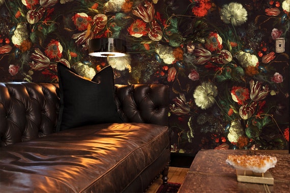 Dark Flower Power: Removable Dutch Floral Self-Adhesive Wallpaper,peel and stick and vinyl option