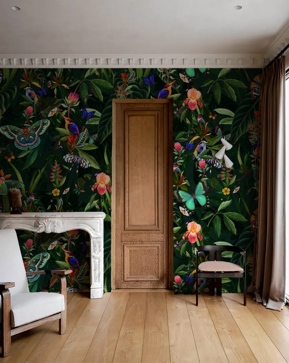 Vintage Floral Wallpaper: Dark Botanical Bird & Butterfly Peel and Stick
