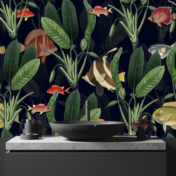 Vintage Fish Wallpaper: Exotic Sea Life, Dark Teal (Peel and Stick)