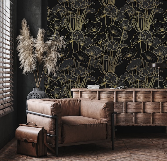 Art Deco Lotus Flower Mural: Black and Gold Peel & Stick Wallpaper