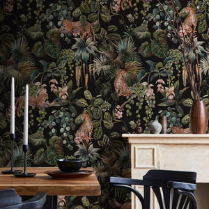 Tapete, dunkle grüne Natur auf Vintage Gepard, Wald Design mit Blättern und rosa Blumen, ablösbar, selbstklebend