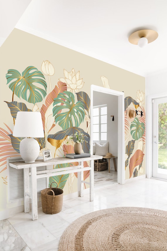 Exotic Forest Wall Mural: Minimalist Pastel Plant Print with Gold Lines