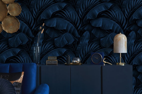 Dark Navy Tropical Leaf Wallpaper: Elegant Peel and Stick Wall Decor