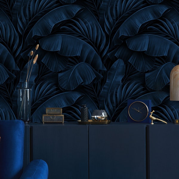 Elegant and Tropical,Dark Navy Blue Palm and banana Leaf Wallpaper Self Adhesive,Perfect Wall Decoration for an Exotic Touch,peel and stick