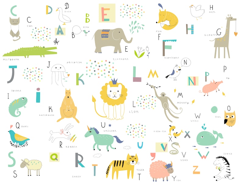 May include: A colourful alphabet chart featuring illustrations of animals and objects for each letter. The letters are in a bright, playful font and the illustrations are in a cartoon style. The chart is perfect for teaching children the alphabet.