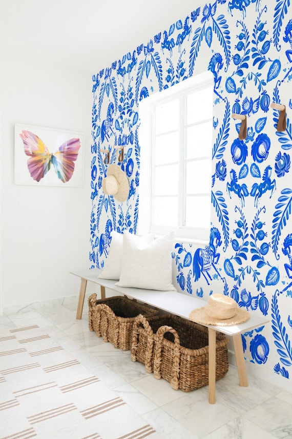 Indigo Watercolor Horse Mural: Ethnic Peel and Stick Wallpaper