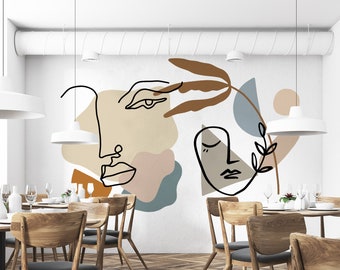 Exquisite Modern Wallpaper: Male and Female Faces in Modernized Line Art with Pastel Tones,peel and stick,self adhesive,vinly wallpaper