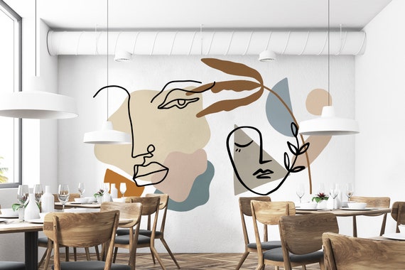 Modern Line Art Wallpaper: Pastel Face Design, Peel and Stick