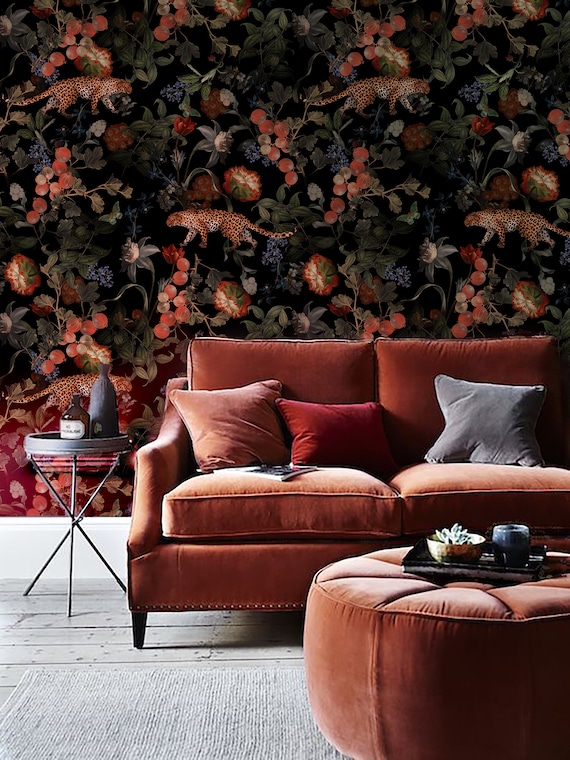Exotic Cheetah Floral Wallpaper: Dark Dutch Style Peel and Stick