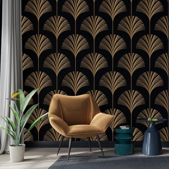 Art Deco Gold Leaf Wallpaper: Geometric Line Art, Peel and Stick