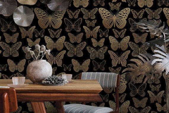 Dark Vintage Butterfly Wallpaper: Gold Gradient Peel and Stick Vinyl