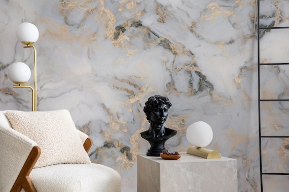 Chic White Marble Peel and Stick Mural for Luxe Home Decor, vinly wallpaper, removable