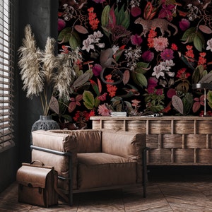 Dark Botanic Wallpaper: Pink Forest Design with Cheetah,Monkey and snakes Leaves and pink orange flowers, self adhesive,removable,wall mural 画像 6