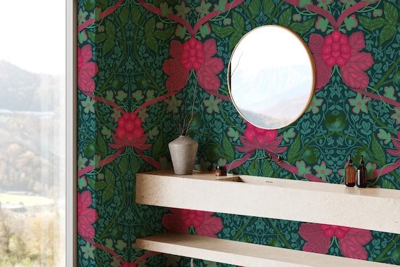 Botanical Wallpaper –  Green Leaves & Pink Flowers – Peel and Stick – Custom Sizes Available