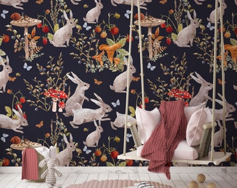 Bunny Family Nursery Wallpaper • Strawberry Mushroom Forest • Peel and Stick • Wall Mural