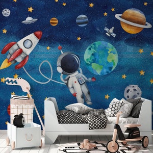 Discover the Wonders of Outer Space-Peel and Stick, Vinyl Wallpaper,Happy Astronaut and Planets,removable,peel and stick,vinly,self adhesive