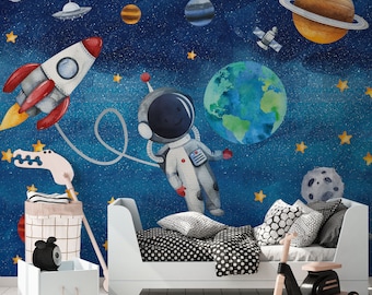 Astronaut Space  Wallpaper • Kids Galaxy • Peel and Stick • Wall Mural