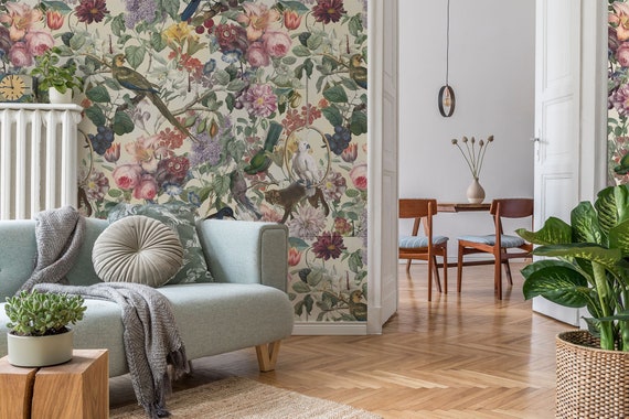Floral Oasis Wallpaper Mural: Birds and Flowers, Peel and Stick