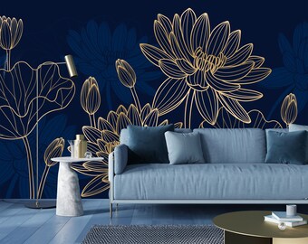 Vintage big lotus flowerwallpaper,dark botanical,navy blue wallpaper,peel and stick wallpaper,bold wallpaper,gold blue wallpaper,vinly
