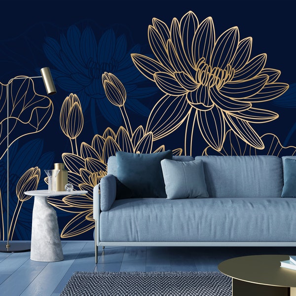 Lotus Leaves and Flowers-Art Deco Style Gold Effect Line Art Design on Dark Navy Blue-Stylish Home Decor,removable,self adhesive,peel stick