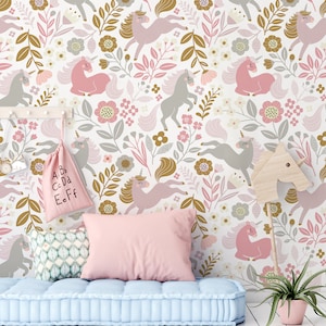 Unicorno bella carta da parati rosa - vinile stacca e attacca, perfetta per la camera delle ragazze, giardino di fiori rosa e simpatici unicorni felici, rimovibile, murale