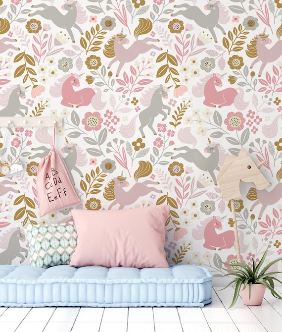Unicorn Wallpaper: Pink Flower Garden, Girls' Room Decor (Peel and Stick)