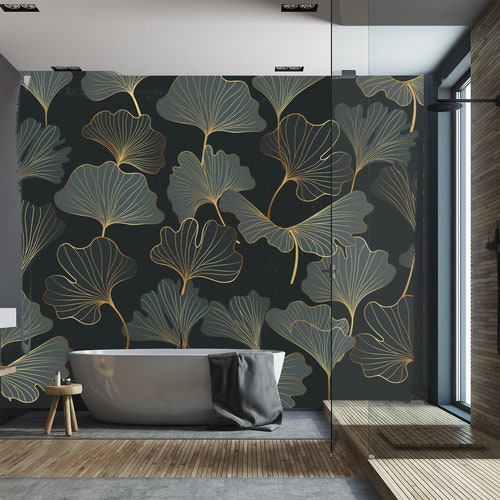 Gold Ginkgo Leaf Wallpaper • Art Deco Home Decor • Peel and Stick • Wall Mural