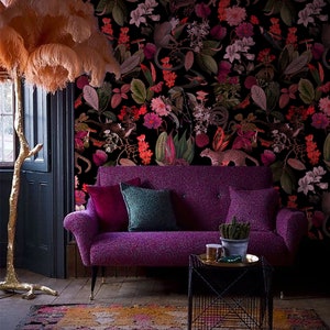 Dark Botanic Tapete: Wald Design mit Geparden, Affen und Schlangen Blättern und rosa orangen Blumen, selbstklebende, abnehmbare, Vinyl-Tapete