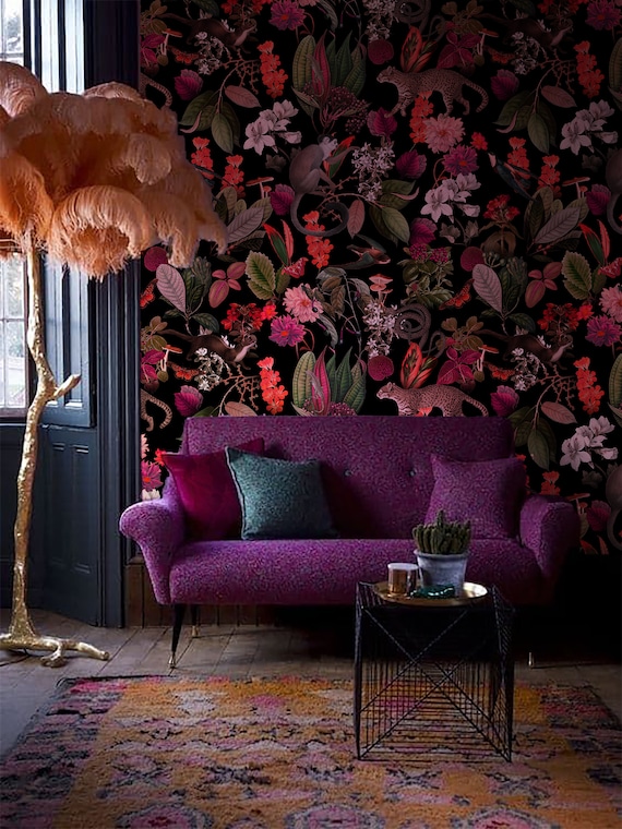Dark Botanic Wallpaper: Pink Forest Animals, Removable Vinyl