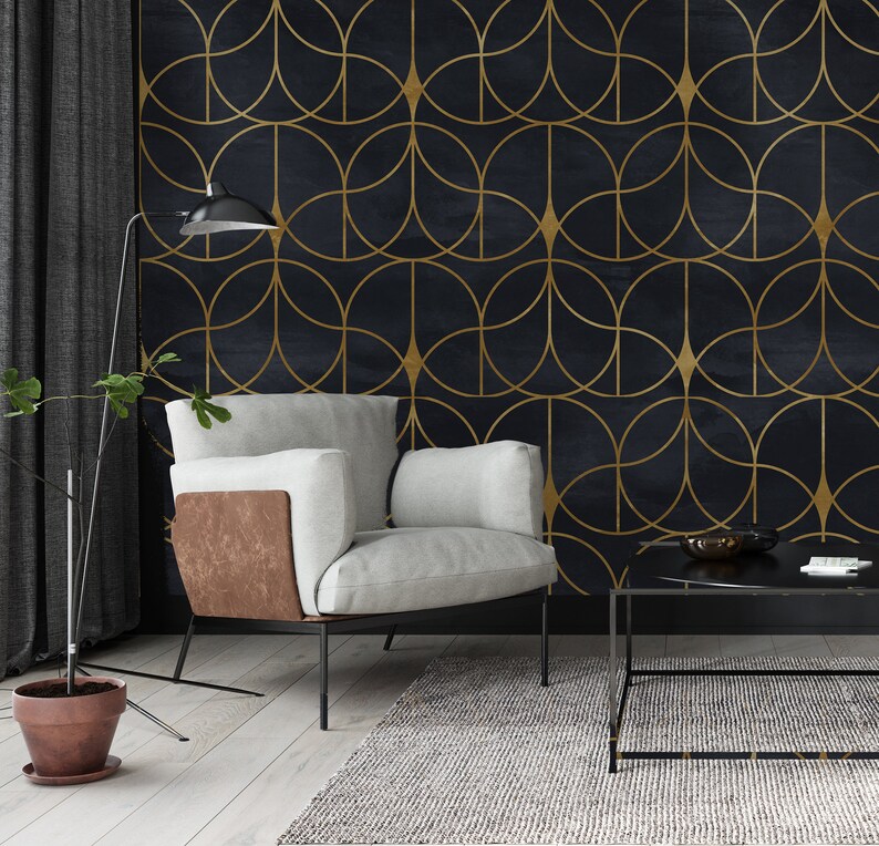 Art Deco Geometric Wallpaper • Chic Black and Gold • Peel and Stick ...