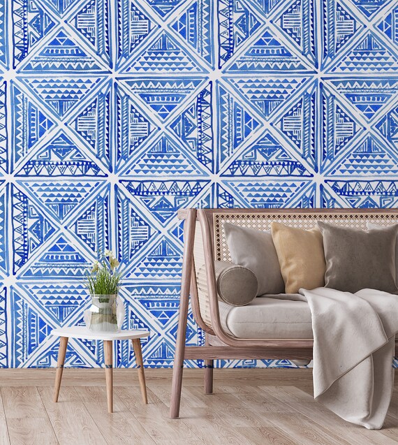 Indigo Blue Geometric Watercolor Wall Painting - Boho Chic Home Decor,peel and stick,removable,self adhesive,vinly wallpaper