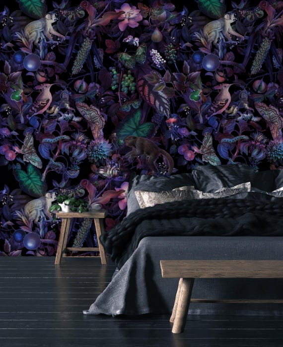 Purple Forest Wallpaper: Exotic Birds & Monkeys, Removable Vinyl