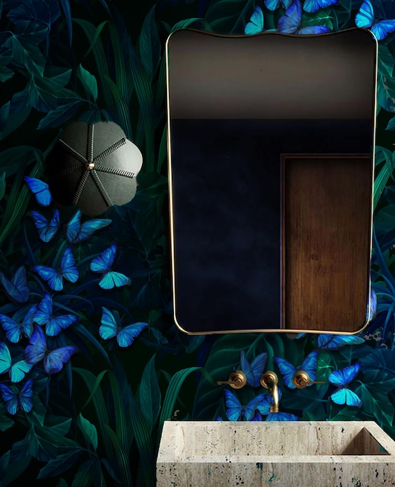 Blue Butterfly Peel and Stick Wallpaper: Tropical Leaf Wall Decor