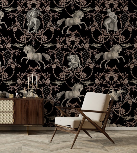 Vintage Horse Damask Wallpaper: Historical Art Print (Peel & Stick or Vinyl)
