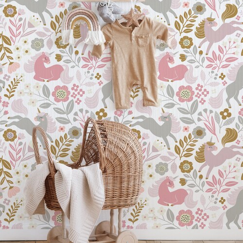 Papel tapiz de unicornio • Jardín de flores rosas • Despegar y pegar • Mural de pared